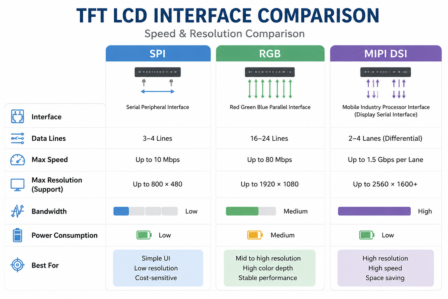 SPI vs RGB vs MIPI: Choosing the Right TFT LCD Interface