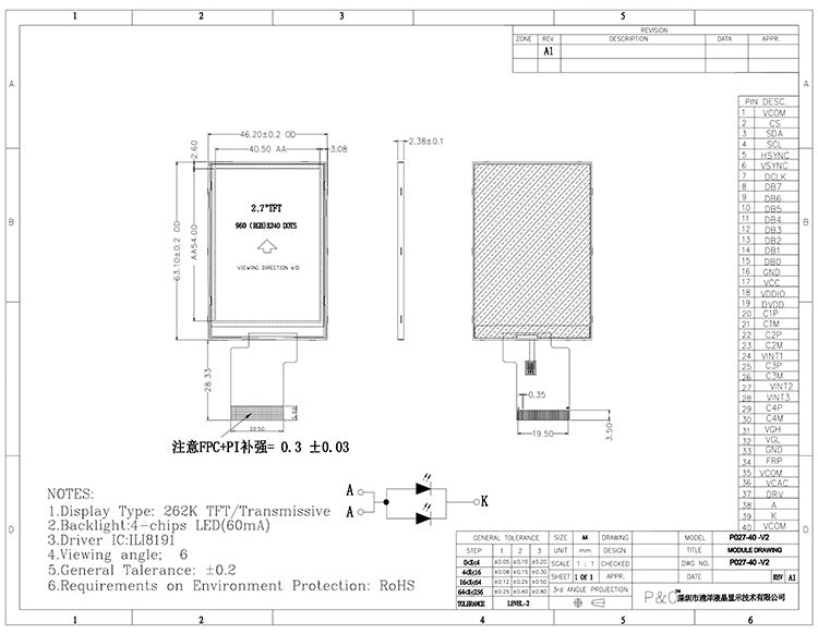 2.7 inch TFT LCD Module - Custom FPC & High Brightness OEM Service (960x240)