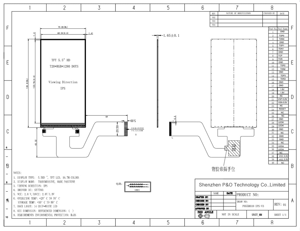 5.5 inch IPS TFT LCD Module 720x1280 Pixels Display Screen P055H018-IPS-V3